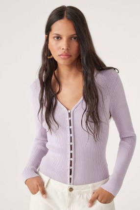 ba&sh wilam LONG-SLEEVED CARDIGAN in PURPLE ~ fitted ribbed V-neck cardigans