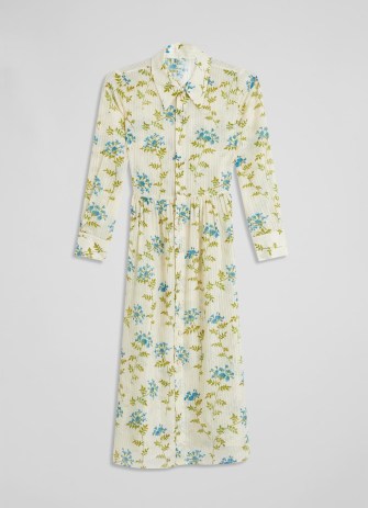 L.K. BENNETT Lotte Valerian Floral Print Metallic Cotton-Silk Shirt Dress in Cream / luxury long sleeve collared dresses - flipped