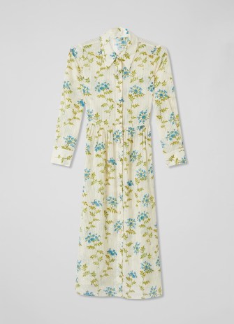 L.K. BENNETT Lotte Valerian Floral Print Metallic Cotton-Silk Shirt Dress in Cream / luxury long sleeve collared dresses