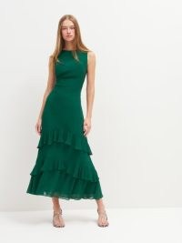 Reformation Magnus Dress in Emerald ~ green sleeveless ruffle hem dresses ~ ruffled occasion clothes