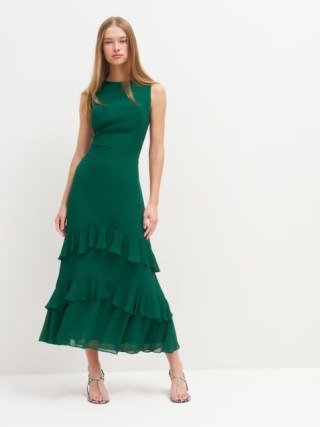 Reformation Magnus Dress in Emerald ~ green sleeveless ruffle hem dresses ~ ruffled occasion clothes