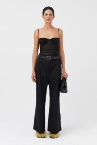 CAMILLA AND MARC Majorelle Mesh Bodysuit in Black – fitted sheer spaghetti strap bodysuits – gathered bust detail – strappy see-through clothing
