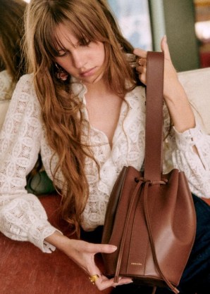 Sezane MARCEL BUCKET BAG in Smooth Chocolate ~ brown leather shoulder bags - flipped