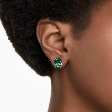SWAROVSKI Matrix stud earrings in Rectangular cut, Green, Gold-tone plated – rectangle shaped zirconia studs - flipped
