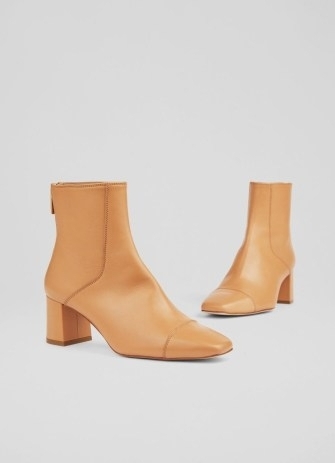L.K. BENNETT Maxine Tan Leather Stitch-Detail Ankle Boots – luxury light brown block heel boots – women’s neutral autumn and winter footwear