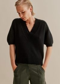 Me and Em Merino Cashmere Crochet Trim V Neck Jumper in Black | women’s luxe short puff sleeve jumpers | womens feminine knits