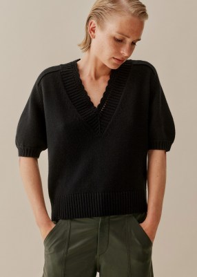 Me and Em Merino Cashmere Crochet Trim V Neck Jumper in Black | women’s luxe short puff sleeve jumpers | womens feminine knits - flipped