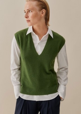 Me and Em Merino Cashmere Relaxed V Neck Vest in Green | women’s lightweight knitted vests