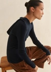 ME AND EM Merino Stretch Rib Layering Hoody in NAVY ~ women’s dark blue lightweight pullover hoodies ~ womens hooded tops made with a responsibly sourced wool blend ~ sporty look clothing