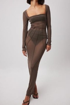 NA-KD Mesh Maxi Dress in BROWN ~ sheer dresses ~ see-through evening fashion - flipped