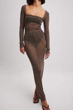 NA-KD Mesh Maxi Dress in BROWN ~ sheer dresses ~ see-through evening fashion