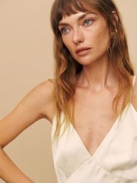 Reformation Mickey Satin Top in Almond ~ off white strappy tops ~ silky cami strap clothing ~ camisole with spaghetti straps