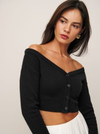 Reformation Millie Cashmere Off The Shoulder Cardigan in Black | chic cropped bardot neckline cardigans