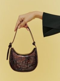 Reformation Mini Rosetta Shoulder Bag in Dark Brown Croc-Effect / small luxe handbag / crocodile print bags