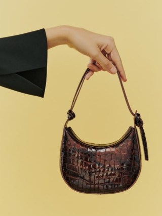 Reformation Mini Rosetta Shoulder Bag in Dark Brown Croc-Effect / small luxe handbag / crocodile print bags - flipped