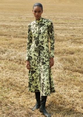 ME and EM Mystic Garden Print Midi Dress in Gree / Black ~ elegant long sleeve high neck floral print dresses - flipped