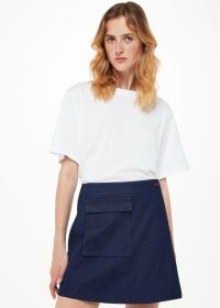 WHISTLES INDIGO DENIM WRAP MINI SKIRT in Navy – women’s dark blue pocket detail A-line skirts