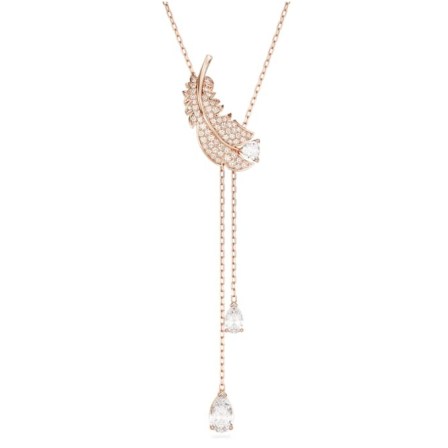 SWAROVSKI Nice Y pendant Feather, White, Rose gold-tone plated – crystal and zirconia double drop necklace - flipped