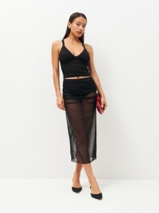 Reformation Nora Skirt in Black Dot | sheer side ruched midi skirts | see-through evening occasion clothing - flipped