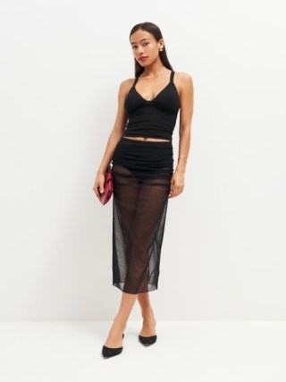 Reformation Nora Skirt in Black Dot | sheer side ruched midi skirts | see-through evening occasion clothing