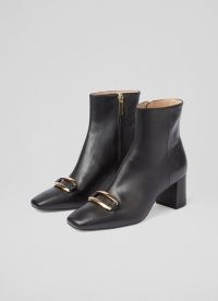 L.K. BENNETT Novella Black Leather Gold Bar Ankle Boots / chic buckle embellished footwear / square toe / women’s winter clothing