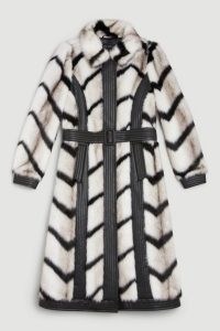 Karen Millen Panelled Stripe Faux Fur Pu Belted Long Coat in Mono – fluffy monochrome longline winter coats