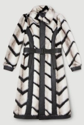 Karen Millen Panelled Stripe Faux Fur Pu Belted Long Coat in Mono – fluffy monochrome longline winter coats - flipped