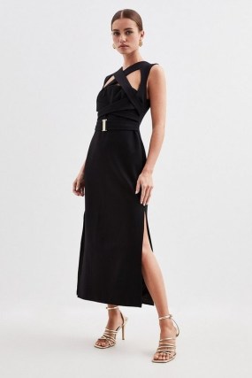Karen Millen Petite Ponte Cut Out Jersey Midi Dress in Black | sleeveless cutout party dresses - flipped