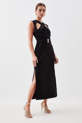 Karen Millen Petite Ponte Cut Out Jersey Midi Dress in Black | sleeveless cutout party dresses