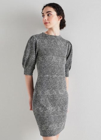 L.K. BENNETT Phillipa Black And Grey Prince Of Wales Jersey Dress / chic checked puff sleeve dresses / women’s check print autumn clothing - flipped