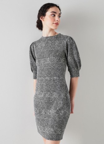 L.K. BENNETT Phillipa Black And Grey Prince Of Wales Jersey Dress / chic checked puff sleeve dresses / women’s check print autumn clothing