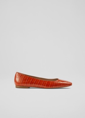 L.K. BENNETT Phyllis Orange Croc-Effect Leather Flats / crocodile print ballerinas / women’s chic flat ballerina shoes - flipped