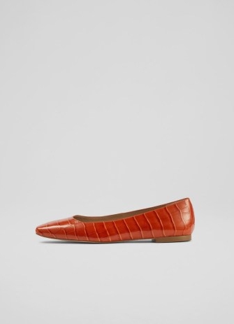 L.K. BENNETT Phyllis Orange Croc-Effect Leather Flats / crocodile print ballerinas / women’s chic flat ballerina shoes