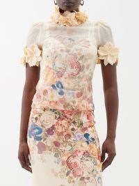 ZIMMERMANN Floral-print linen-blend organdy top in pink / blush semi sheer tops / romantic occasion clothes / romance inspired clothing with petal appliqués