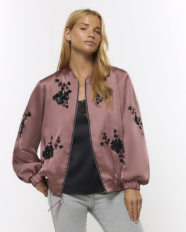 RIVER ISLAND PINK SATIN EMBELLISHED BOMBER JACKET ~ casual luxe style zip up jackets - flipped