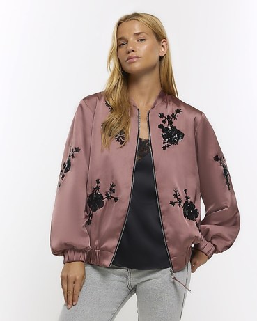 RIVER ISLAND PINK SATIN EMBELLISHED BOMBER JACKET ~ casual luxe style zip up jackets