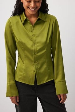 NA-KD Pointy Shoulder Satin Shirt in Green ~ women’s padded shoulder shirts ~ womens clothing made with recycled materials - flipped