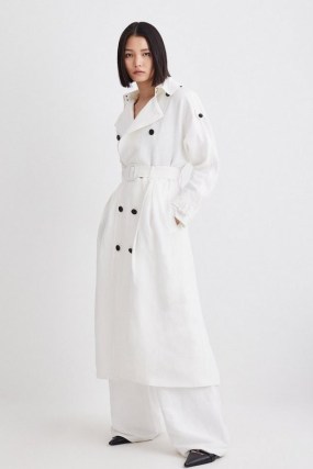 Karen Millen Polished Linen Rounded Sleeve Trench Coat in Ivory | women’s luxe autumn coats - flipped