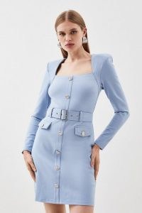 KAREN MILLEN Ponte Square Neck Belted Long Sleeve Mini Dress in Blue – women’s corporate workwear – womens smart dresses