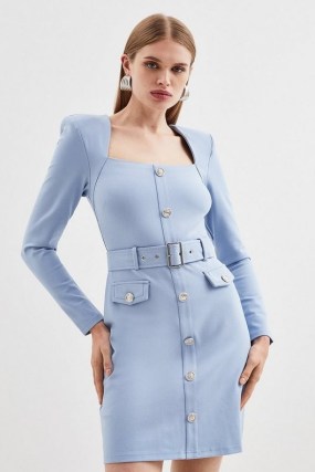 KAREN MILLEN Ponte Square Neck Belted Long Sleeve Mini Dress in Blue – women’s corporate workwear – womens smart dresses - flipped