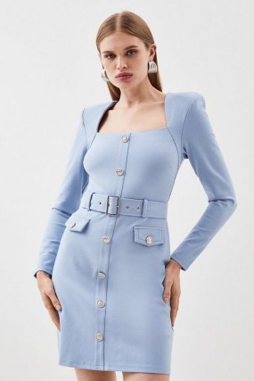 KAREN MILLEN Ponte Square Neck Belted Long Sleeve Mini Dress in Blue – women’s corporate workwear – womens smart dresses