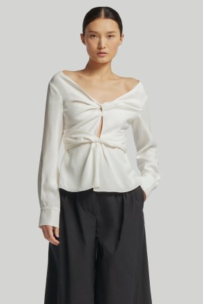 ALTUZARRA PRASINI TOP in Ivory – long sleeve twist detail bardot tops – luxury off the shoulder clothing – chic clothes - flipped