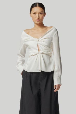 ALTUZARRA PRASINI TOP in Ivory – long sleeve twist detail bardot tops – luxury off the shoulder clothing – chic clothes