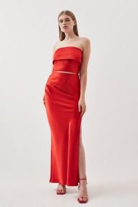 Karen Millen Premium Satin Maxi Skirt in Red – long length side split occasion skirts