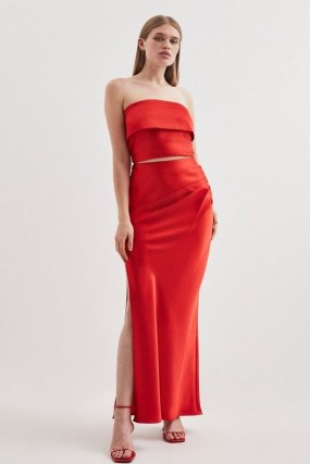 Karen Millen Premium Satin Maxi Skirt in Red – long length side split occasion skirts - flipped