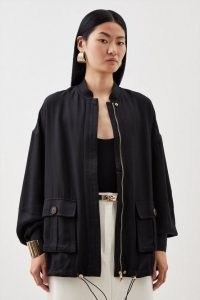 KAREN MILLEN Premium Utility Linen Oversized Bomber Jacket in Black – women’s utilitarian outerwear
