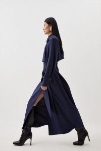 Karen Millen Premium Utility Linen Strong Shoulder Maxi Trench in Navy | chic blue longline autumn coats | women’s structured utilitarian style clothing