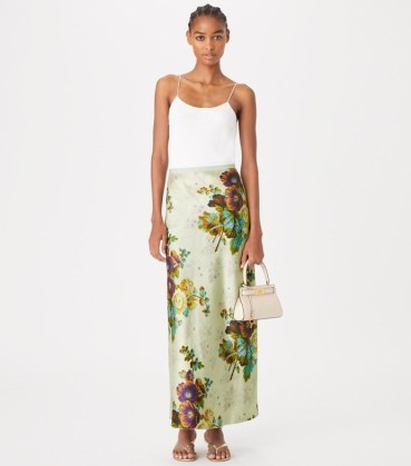 TORY BURCH PRINTED SATIN SKIRT in Purple Traditional Floral ~ luxe maxi length slip skirts - flipped