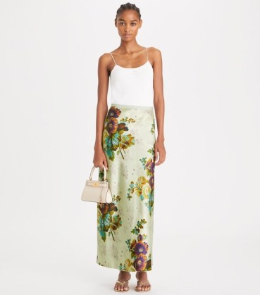 TORY BURCH PRINTED SATIN SKIRT in Purple Traditional Floral ~ luxe maxi length slip skirts