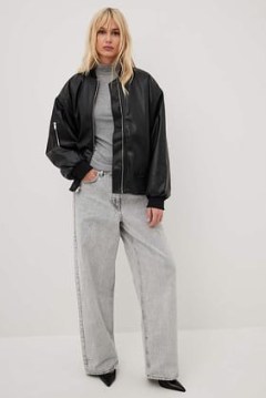 NA-KD Pu Bomber Jacket in Black | women’s faux leather oversized zip up jackets - flipped